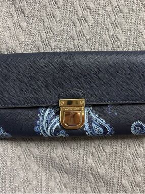 Michael Kors Navy Blue Paisley Saffiano Leather Wallet with Gold Hardware